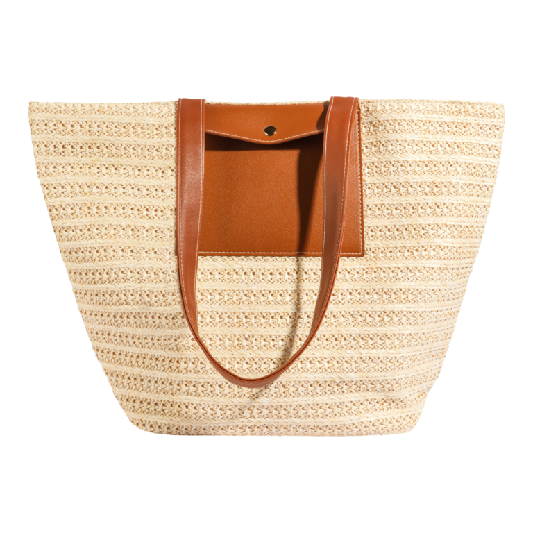 Sac Cabas Paille Tressé Éléphant - Grand Modèle Été Avec Anses Cuir - Beige/Marron - Neuf Sans Étiquettes
