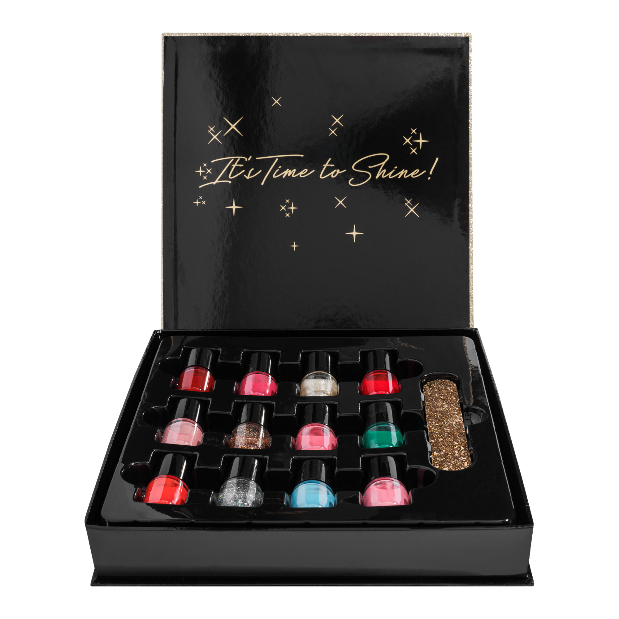 Coffret vernis Time to Shine : 12 vernis longue tenue, 3 pailletés. Couleurs variées : baby blue, vert émeraude, rouge intense, rose pâle.