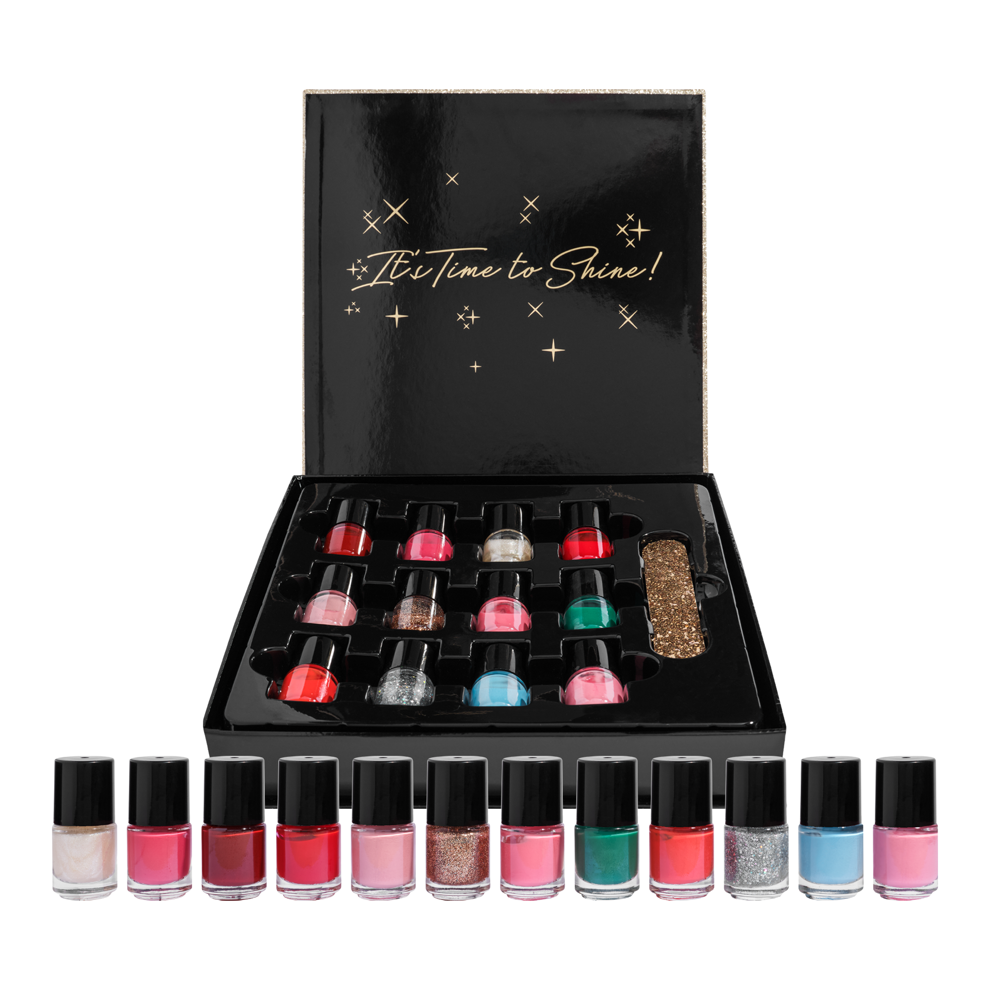 Coffret vernis Time to Shine : 12 vernis longue tenue, 3 pailletés. Couleurs variées : baby blue, vert émeraude, rouge intense, rose pâle.