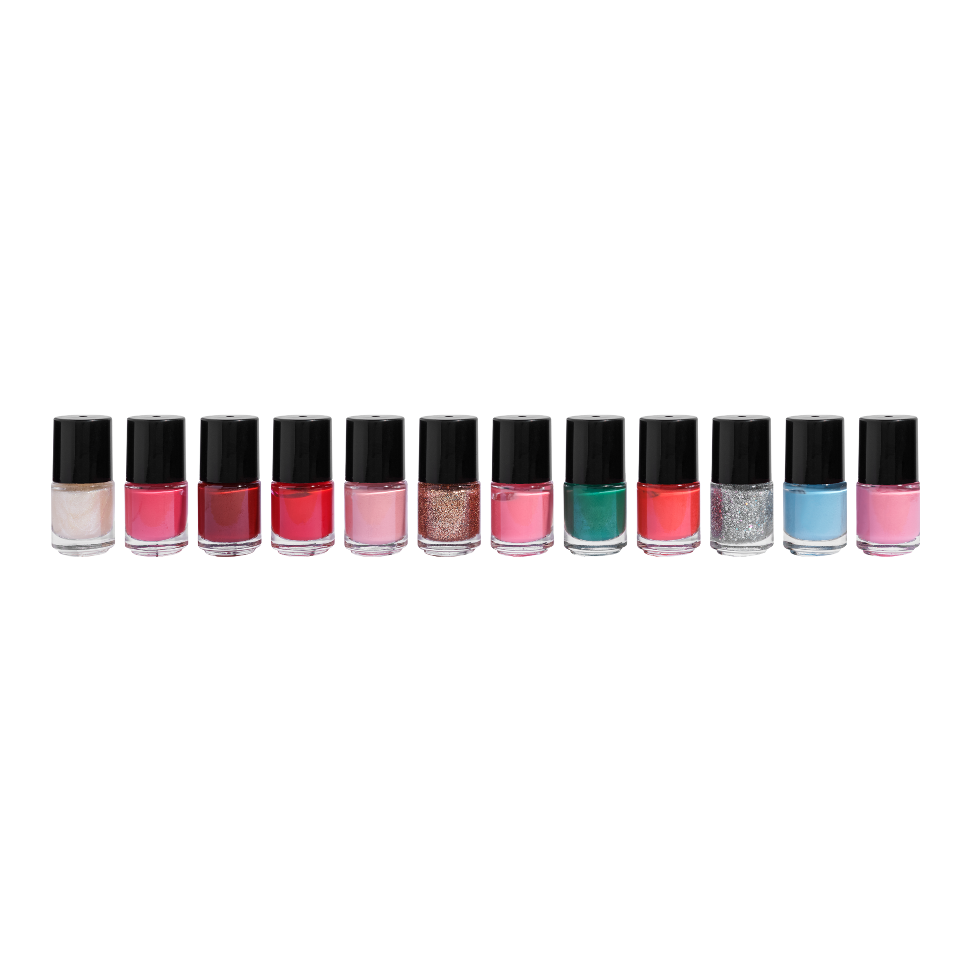 Coffret vernis Time to Shine : 12 vernis longue tenue, 3 pailletés. Couleurs variées : baby blue, vert émeraude, rouge intense, rose pâle.