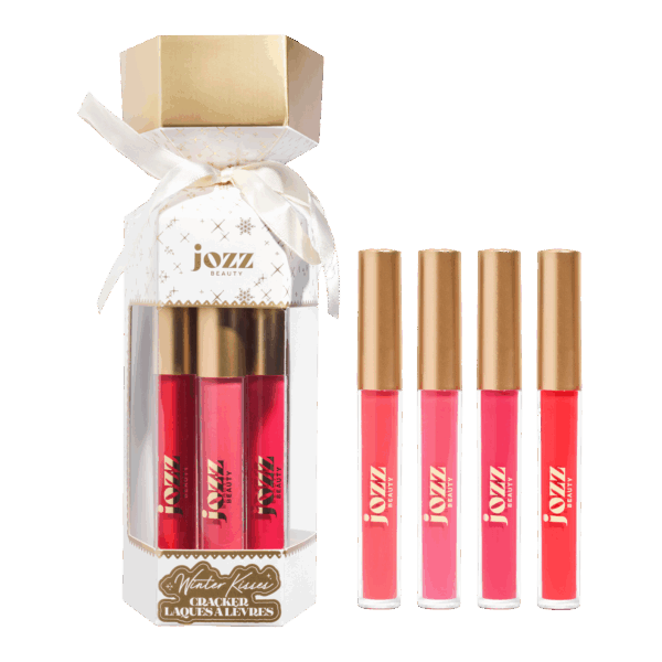 Cracker Winter Kisses : 4 laques à lèvres, de bois de rose à rouge intense. Confort crémeux et tenue longue durée pour des lèvres éclatantes.