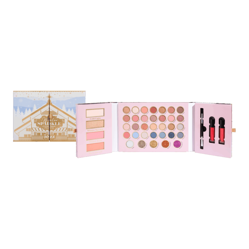 Maxi Palette Winter Sparkle : 35 fards à paupières, 2 blushs, highlighter, bronzer, pinceau double embout, 2 gloss. Parfait pour looks festifs variés
