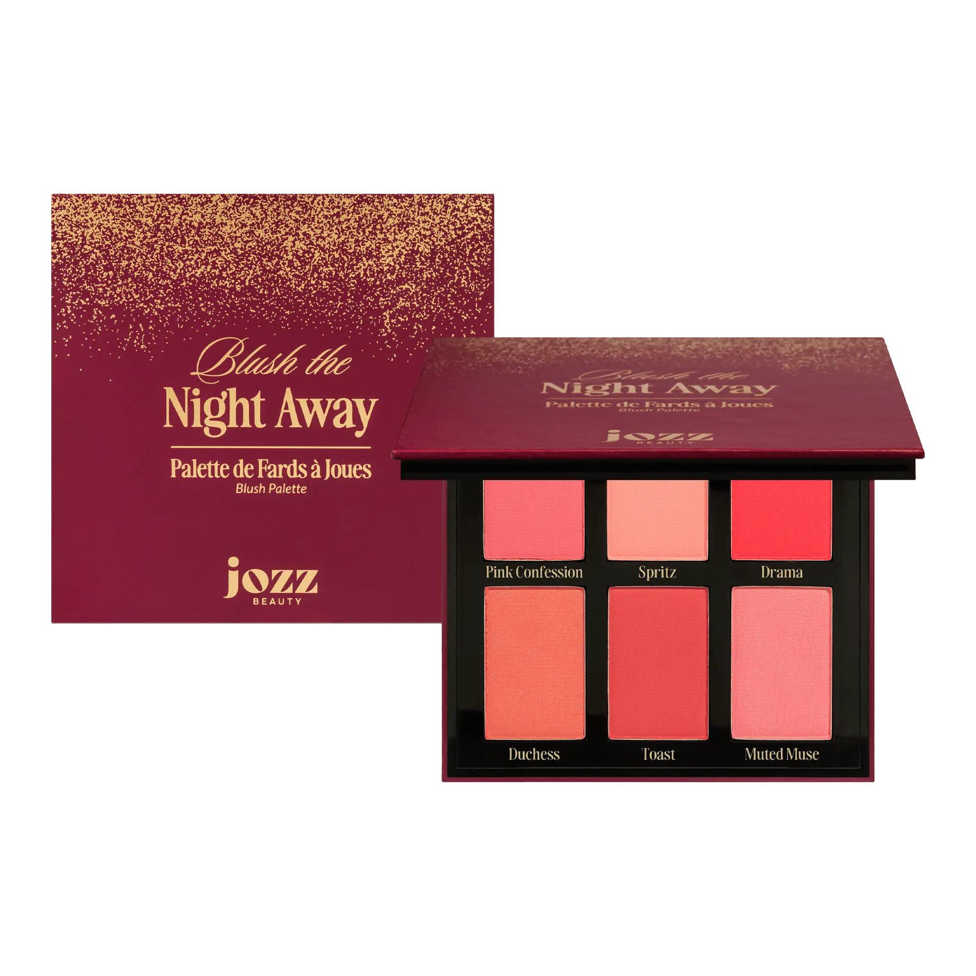 Prête à faire rougir vos joues ? La palette Blush the Night Away sublime votre teint avec 6 teintes vibrantes au fini velouté. Du rose nude au corail chaud, en passant par des nuances plus framboise, terracotta et pêche rosée, chaque teinte a été pensée pour flatter toutes les carnations et s’adapter à toutes vos envies.