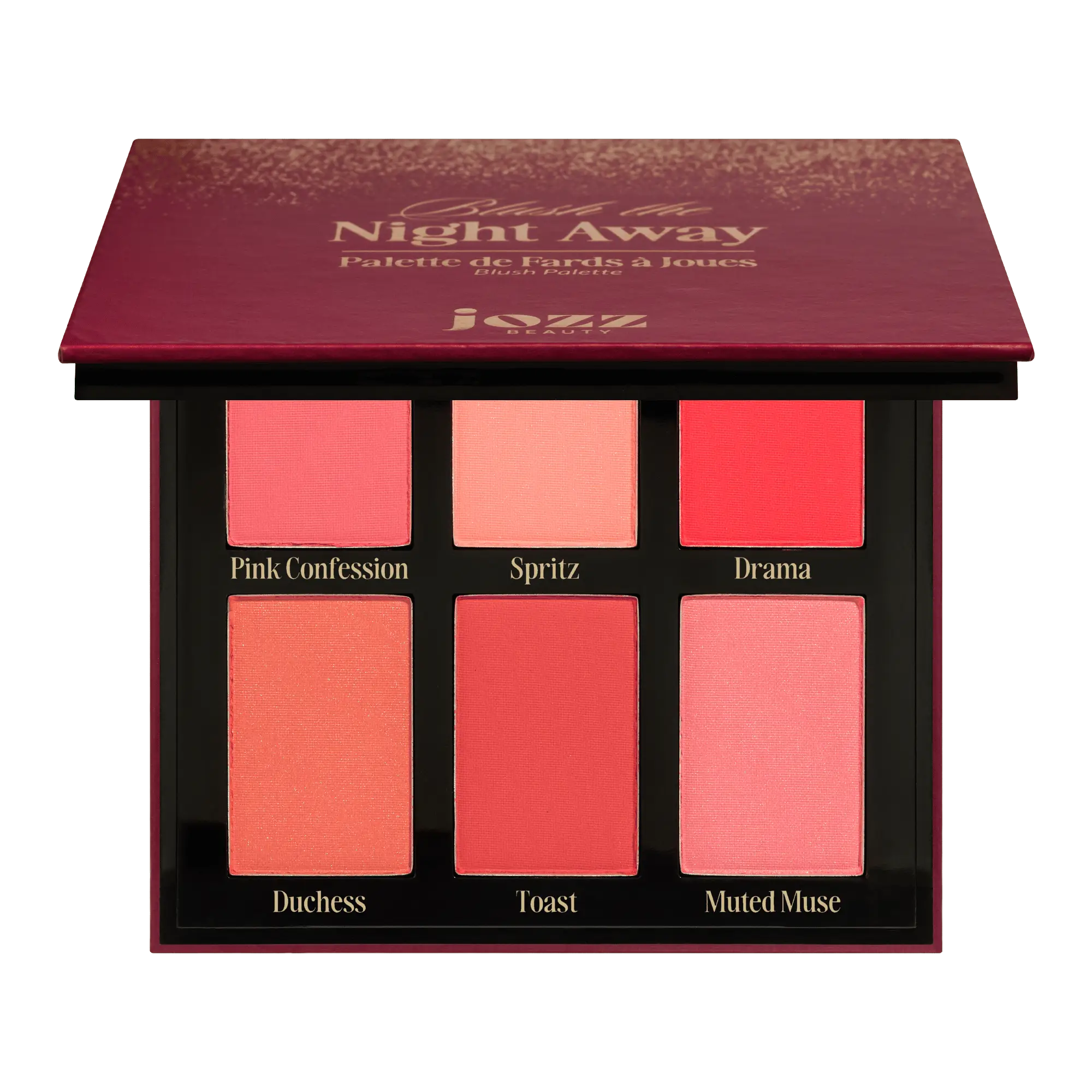 Prête à faire rougir vos joues ? La palette Blush the Night Away sublime votre teint avec 6 teintes vibrantes au fini velouté. Du rose nude au corail chaud, en passant par des nuances plus framboise, terracotta et pêche rosée, chaque teinte a été pensée pour flatter toutes les carnations et s’adapter à toutes vos envies.
