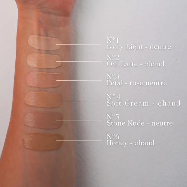 Nuancier du correcteur Radiant Cover Concealer Jozz Beauty avec ses 6 teintes appliquées sur l'avant-bras : Ivory Light, Oat Latte, Petal, Soft Cream, Stone Nude, Honey