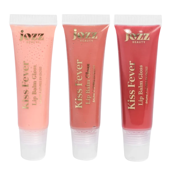 Trois baumes à lèvres gloss Kiss Fever JOZZ Beauty aux teintes rose, nude et rouge