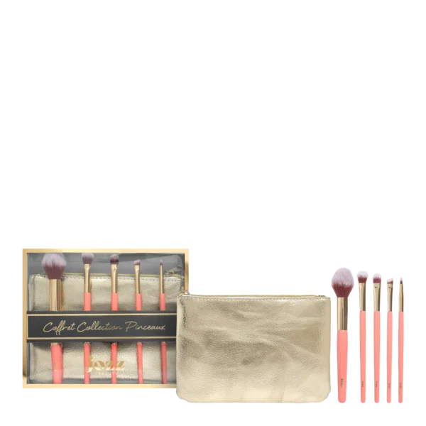 Coffret Collection Pinceaux JOZZ Beauty avec pochette dorée et cinq pinceaux de maquillage