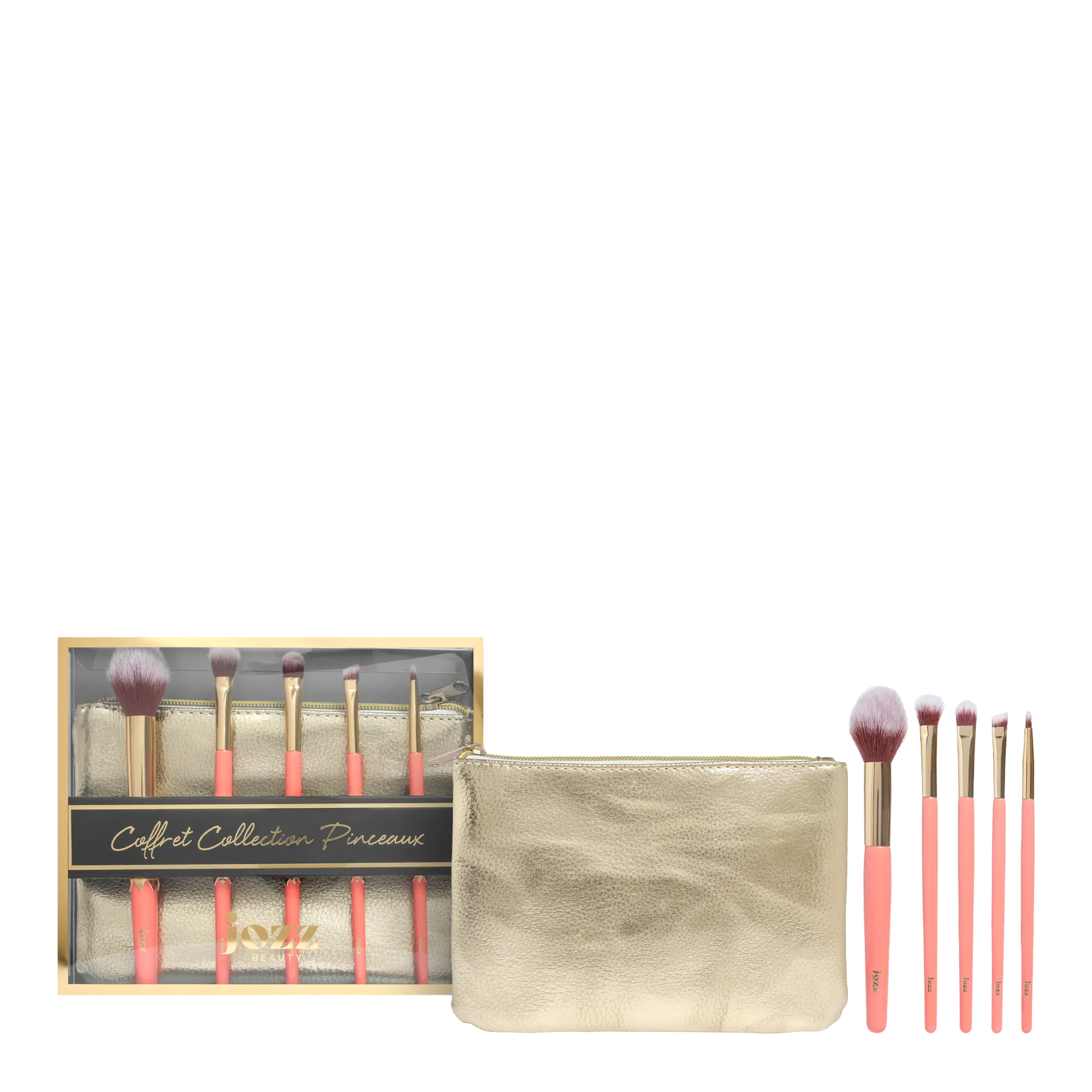 Coffret Collection Pinceaux JOZZ Beauty avec pochette dorée et cinq pinceaux de maquillage