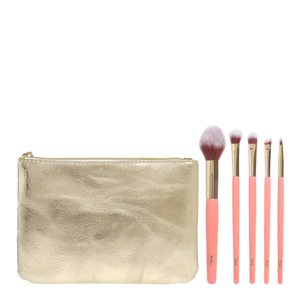 Pochette dorée du Coffret Collection Pinceaux JOZZ Beauty avec cinq pinceaux roses