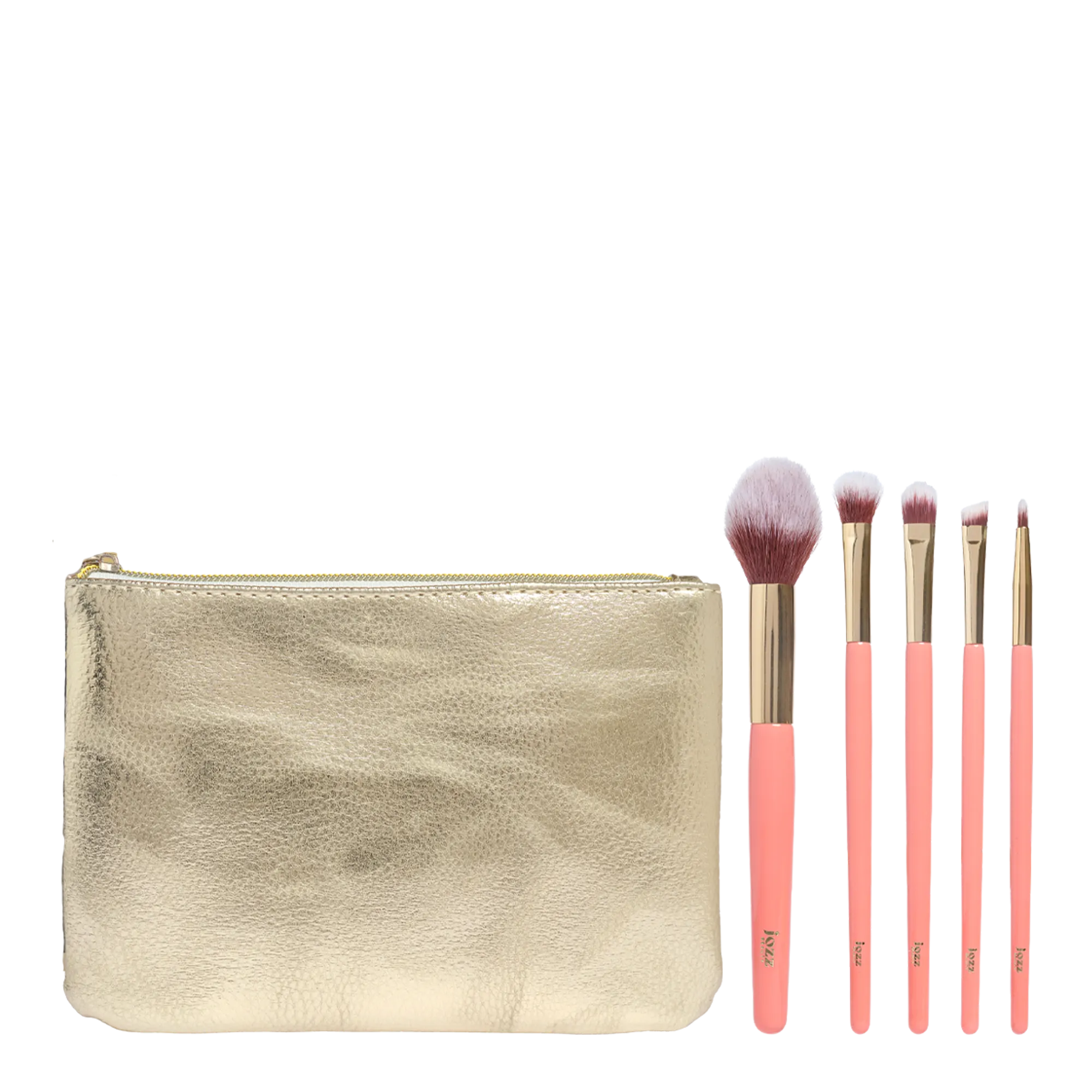 Pochette dorée du Coffret Collection Pinceaux JOZZ Beauty avec cinq pinceaux roses