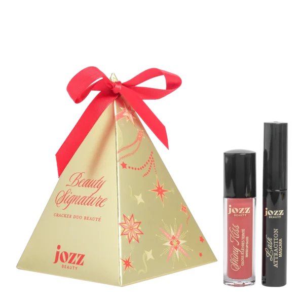 Mini Cracker Triangle doré Beauty Signature avec un gloss à lèvres et un mascara JOZZ Beauty
