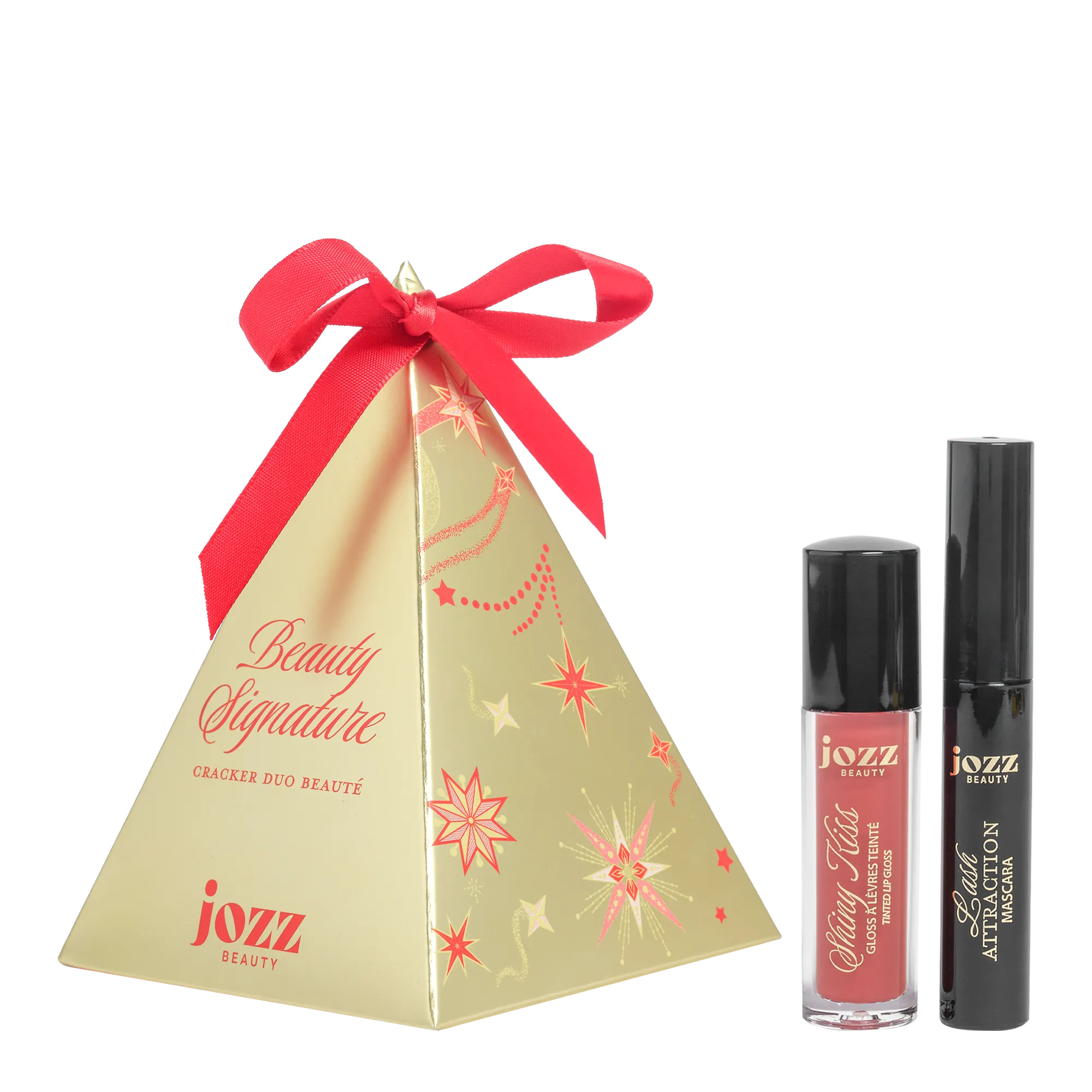 Mini Cracker Triangle doré Beauty Signature avec un gloss à lèvres et un mascara JOZZ Beauty