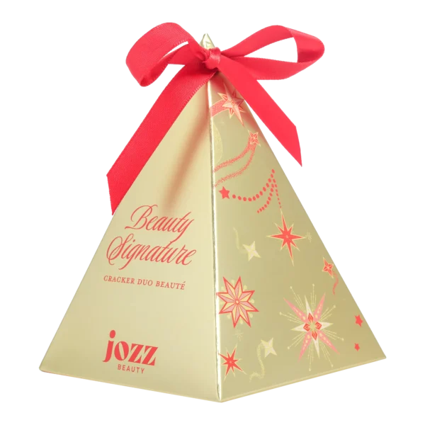 Mini Cracker Triangle doré Beauty Signature JOZZ Beauty orné d’un nœud rouge