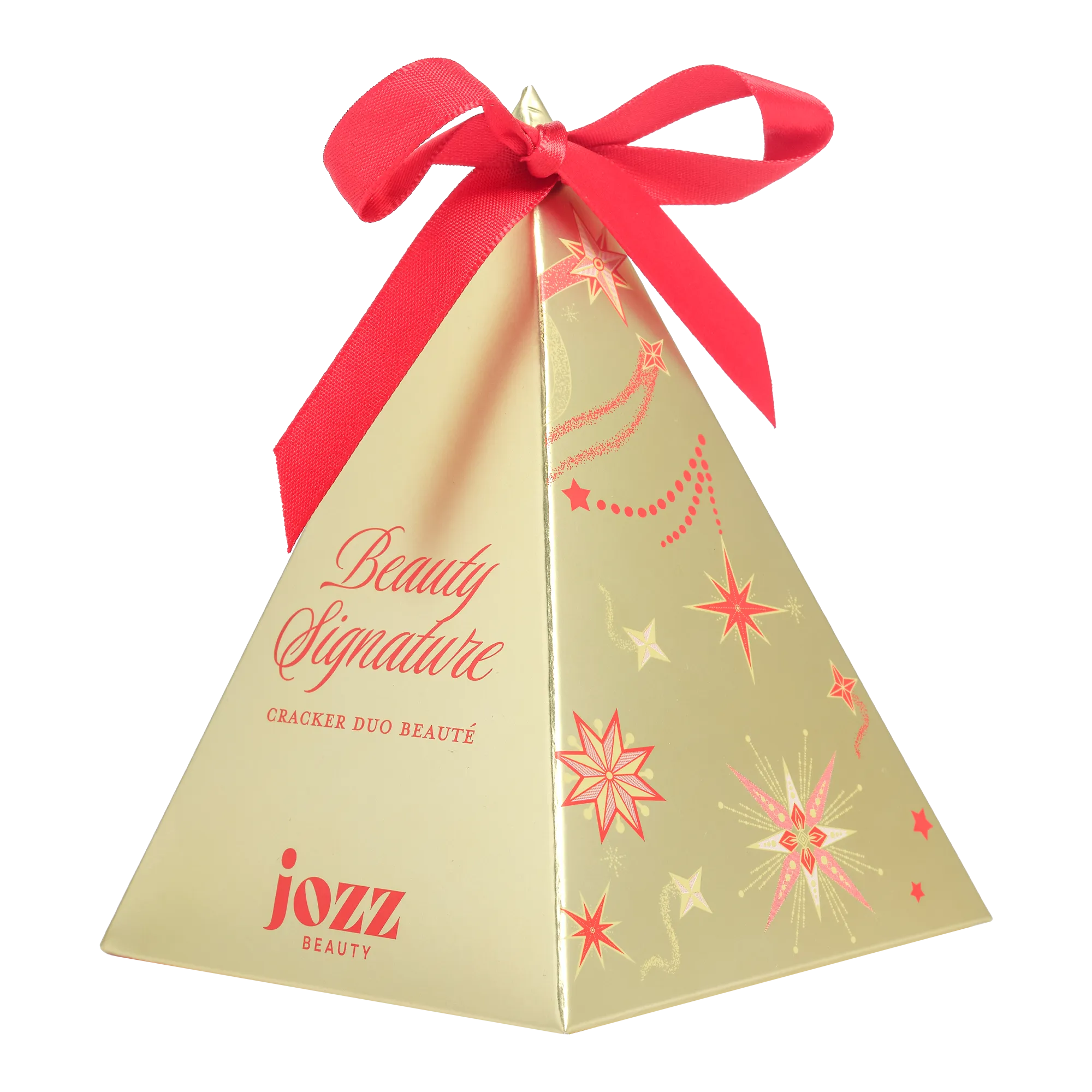 Mini Cracker Triangle doré Beauty Signature JOZZ Beauty orné d’un nœud rouge