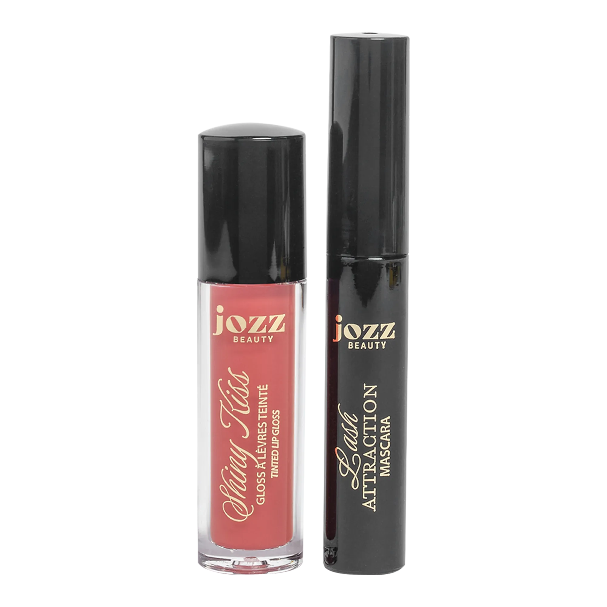 Gloss à lèvres rose et mascara noir inclus dans le Mini Cracker Triangle JOZZ Beauty