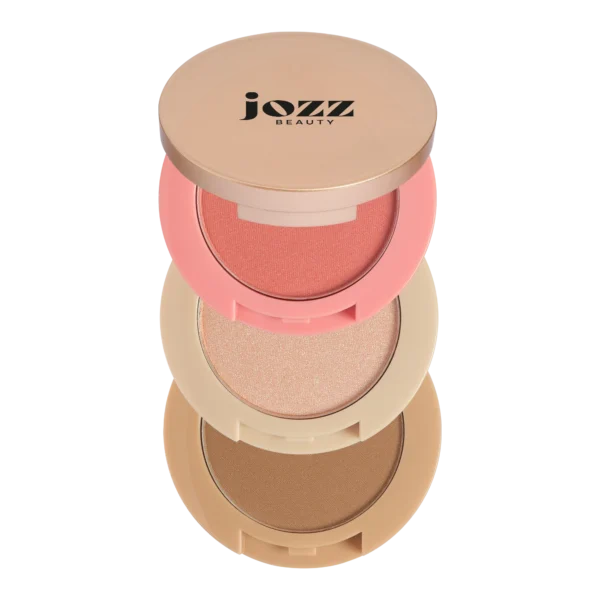 Trois poudres visage ouvertes aux teintes rose, champagne et bronze du Trio Teint JOZZ Beauty