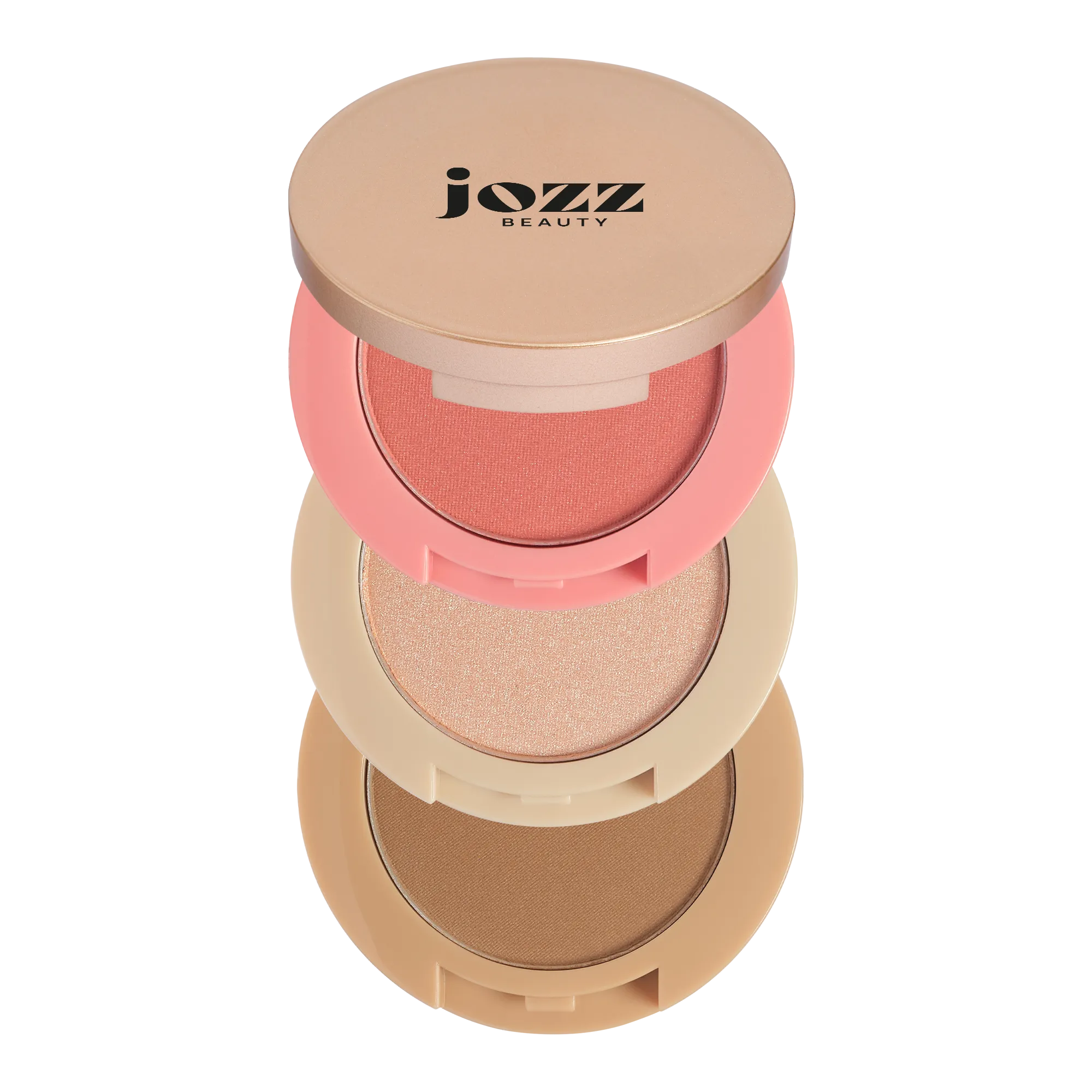 Trois poudres visage ouvertes aux teintes rose, champagne et bronze du Trio Teint JOZZ Beauty