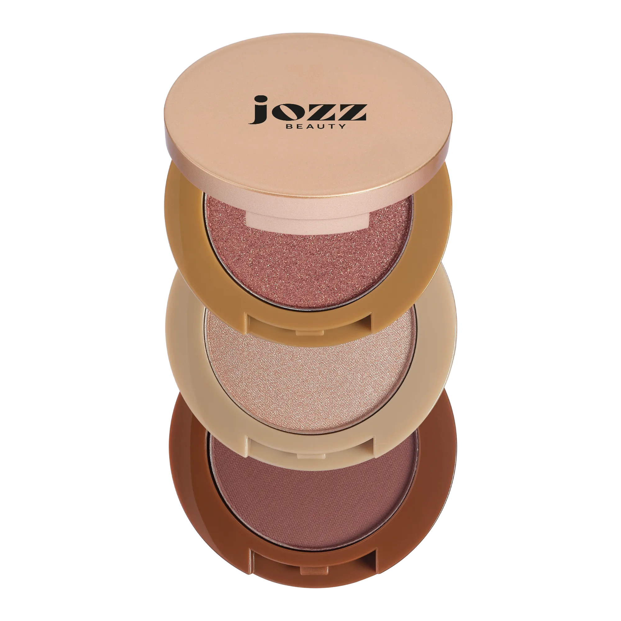 Trois fards à paupières ouverts aux tons rosé, champagne et brun du Trio Yeux JOZZ Beauty