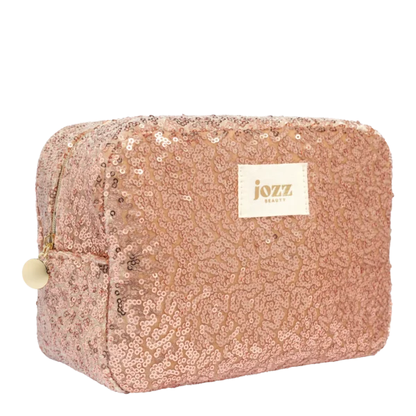 Grande trousse de toilette à sequins champagne JOZZ Beauty, vue de trois-quarts avec fermeture zippée