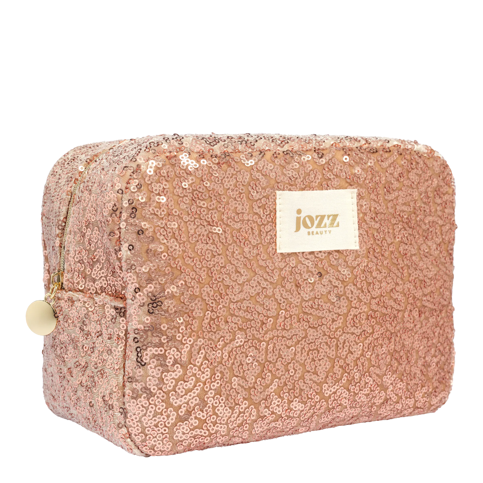 Grande trousse de toilette à sequins champagne JOZZ Beauty, vue de trois-quarts avec fermeture zippée