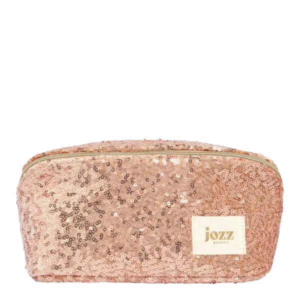 Trousse maquillage JOZZ Beauty rose champagne recouverte de sequins, vue de face