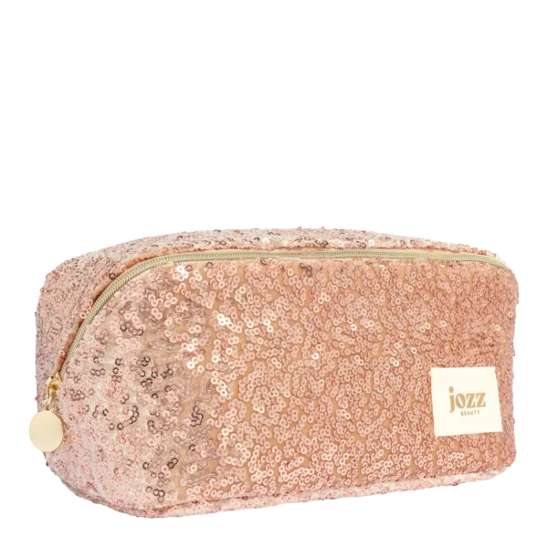 Trousse maquillage à sequins champagne JOZZ Beauty, vue de trois-quarts avec fermeture zippée dorée